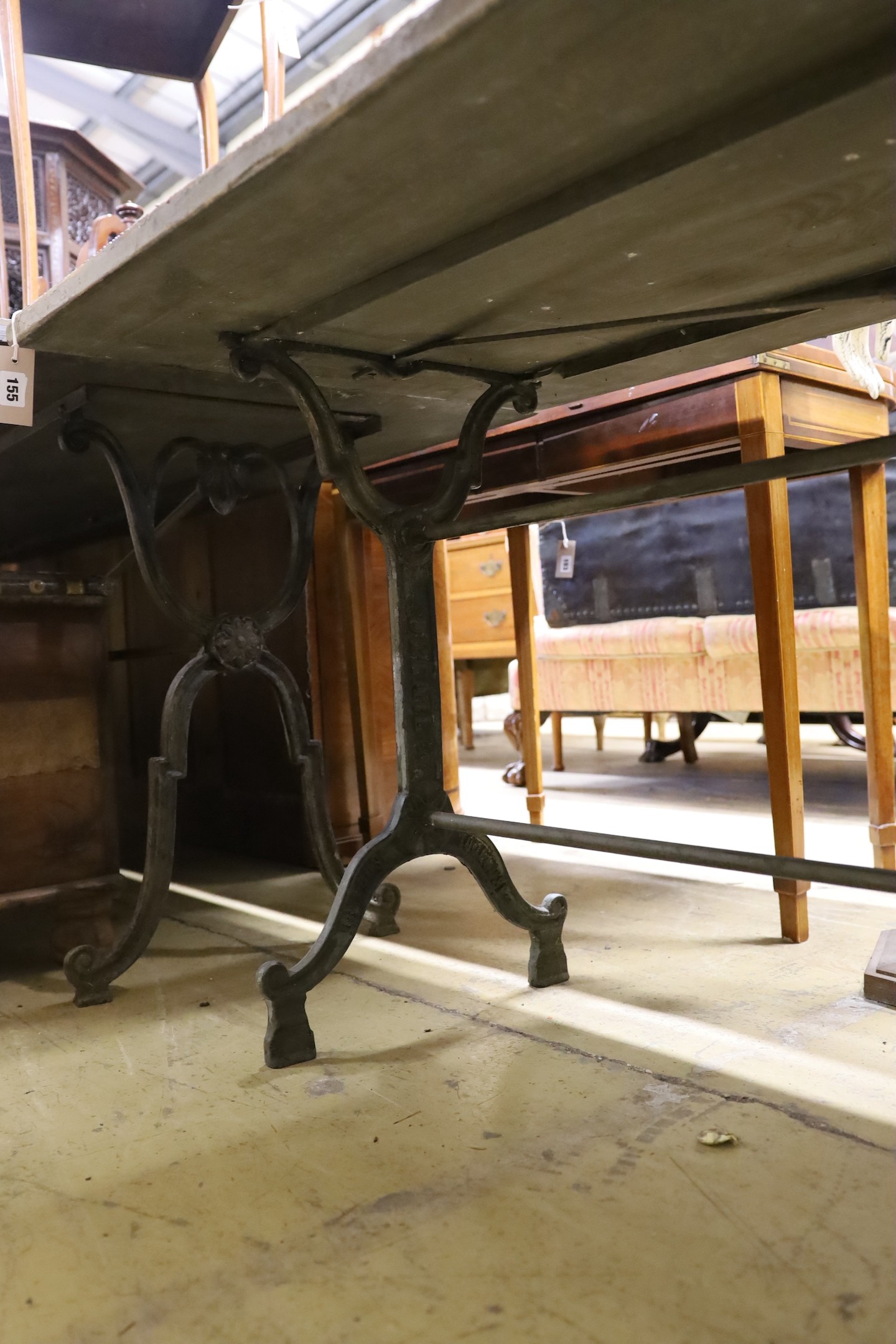 A Victorian style rectangular zinc topped cast metal garden table, length 210cm, depth 69cm, height 71cm